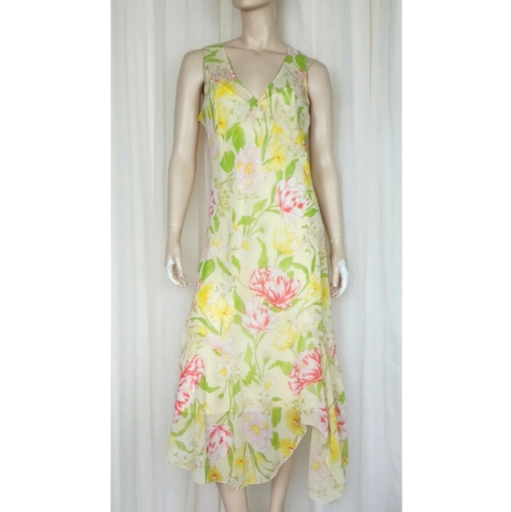 Floral V-Neck Sleeveless Midi Dress - Cream with Pink & Yellow Flowers